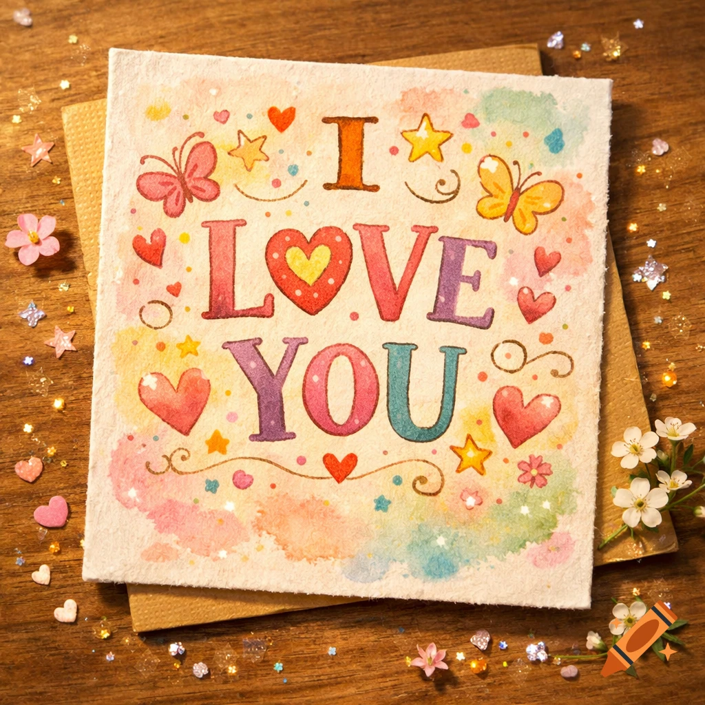 A watercolor greeting card says "I LOVE YOU" with colorful letters, hearts, and butterflies, resting on a wooden surface with glitter and small white flowers.