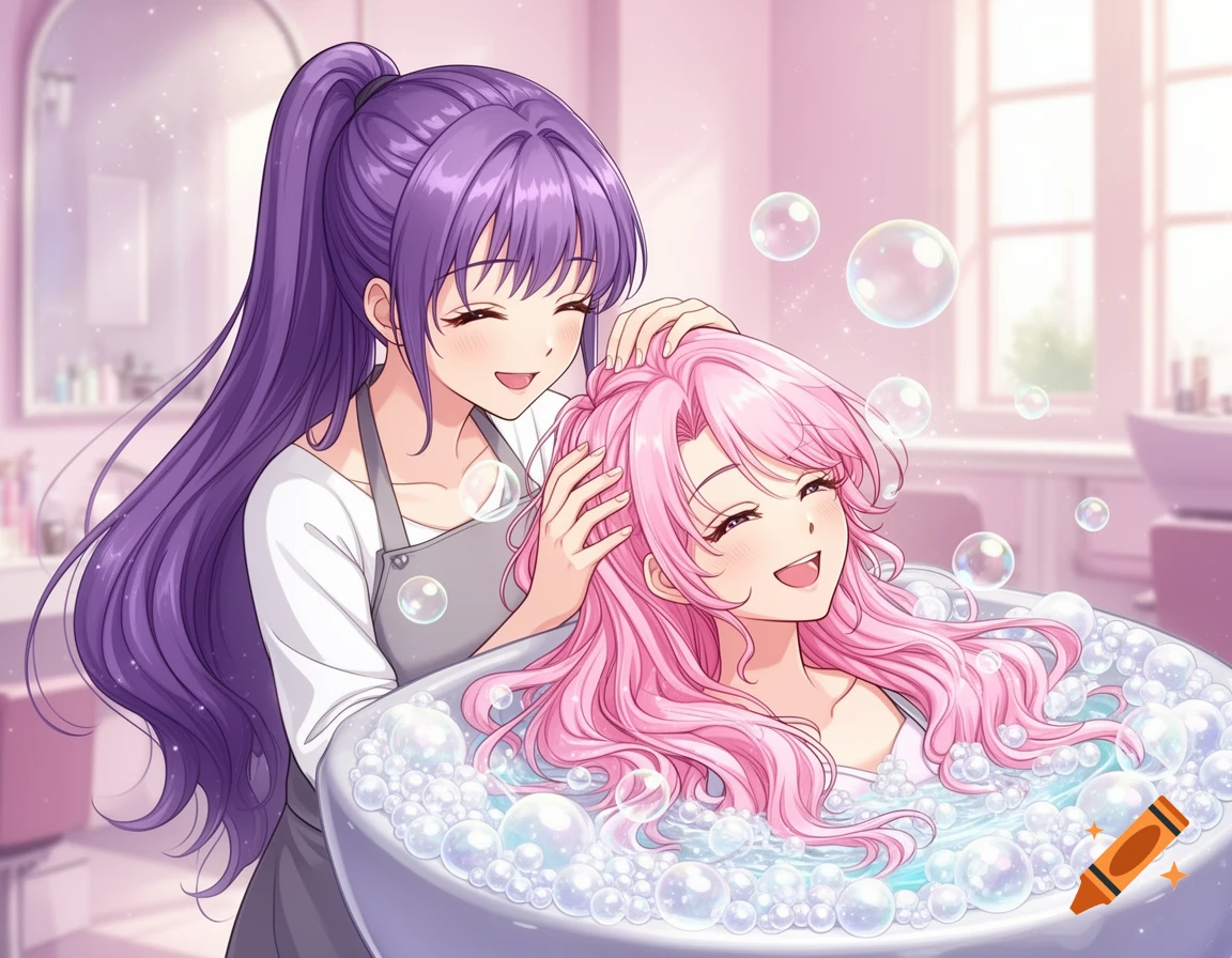 Kawaii anime illustration of a purple-haired woman washing a pink-haired woman's hair in a bubbly salon basin.
