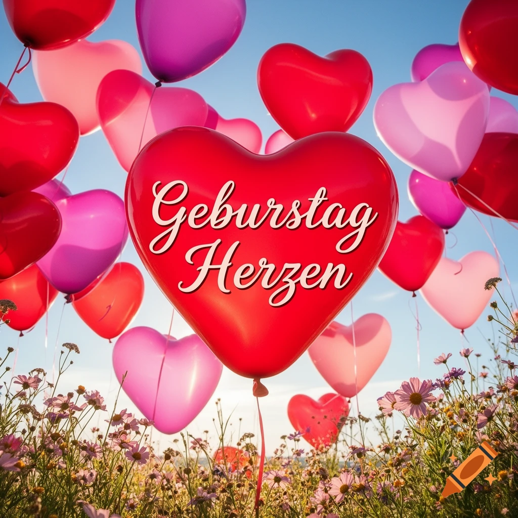 Red, pink, and purple heart balloons float in a blue sky above wildflowers. A large red balloon says 'Geburtstag Herzen'.
