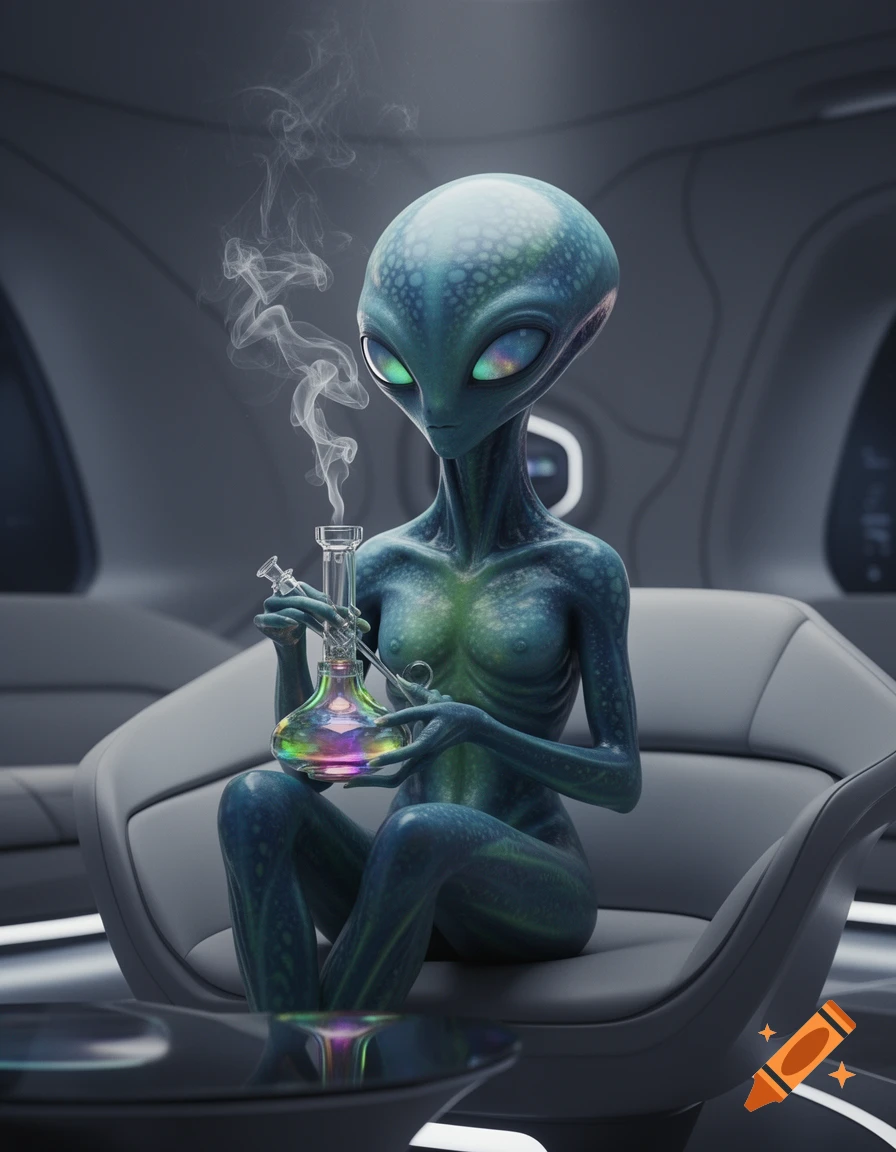 A blue-green alien with large eyes sits in a futuristic chair, smoking a colorful bong with wisps of smoke rising.