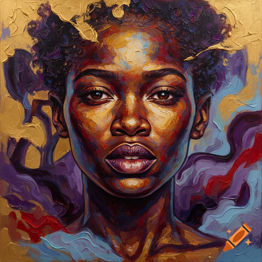Abstract impasto painting of a Black woman's face, rich with gold, purple, and blue colors.