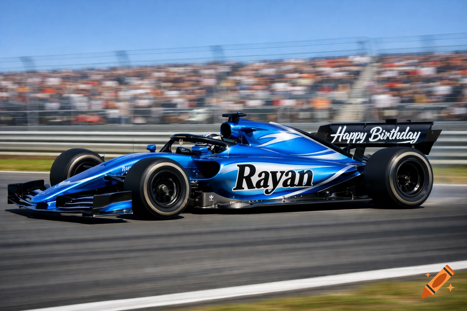 A photorealistic blue Formula 1 race car with 'Rayan' on its side and 'Happy Birthday' on its wing, speeding on a track with a blurred crowd.