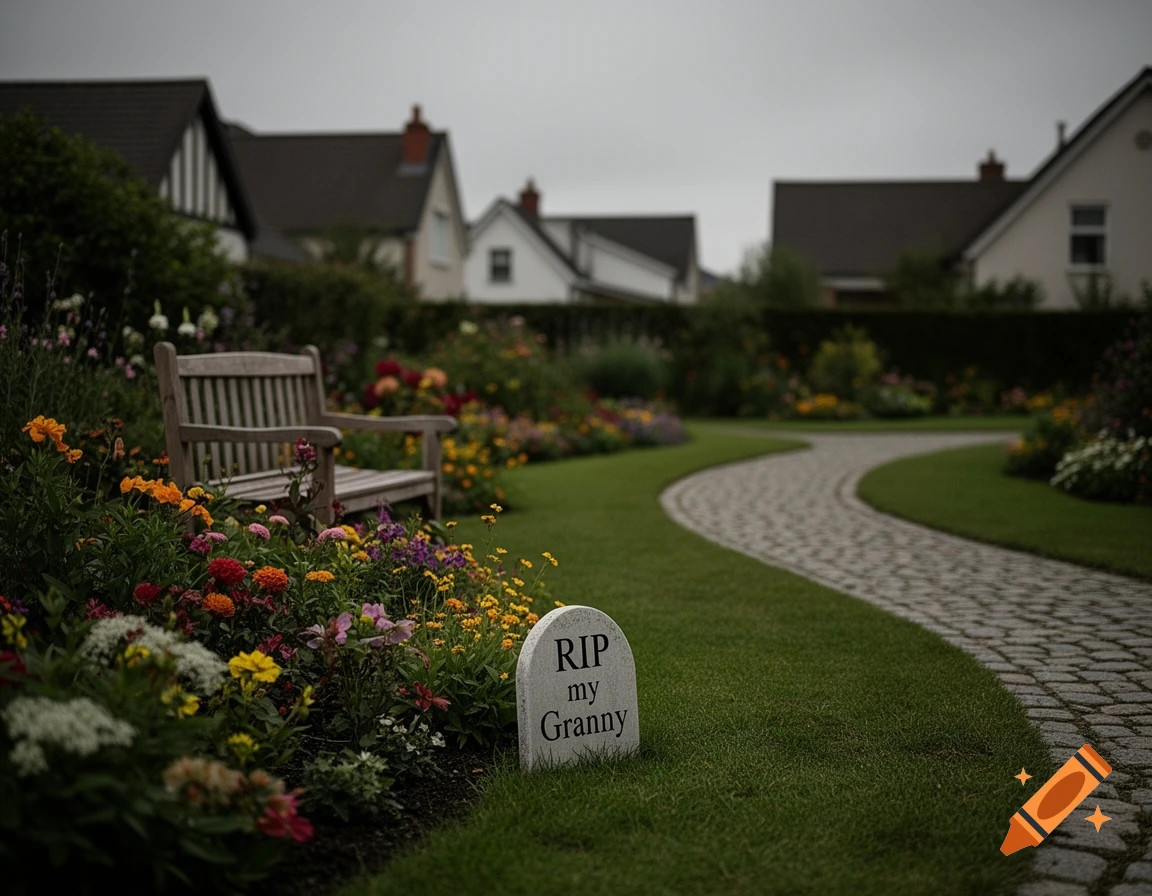 A photorealistic image of a peaceful garden with a stone path, colorful flowers, a wooden bench, and a tombstone inscribed 'RIP my Granny'.