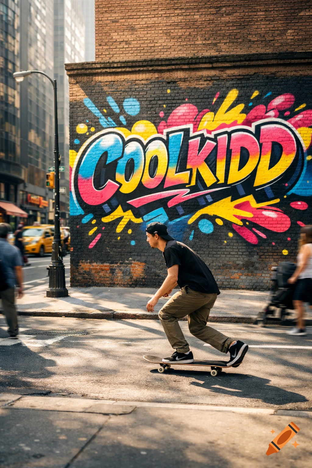 A man in a black shirt and khaki pants skateboards across a city street with a vibrant graffiti mural spelling "COOLKIDD" on a brick wall behind him.