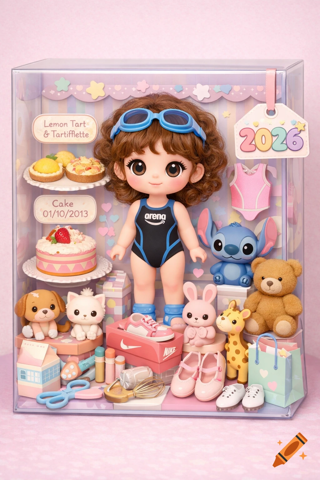 A kawaii doll in a clear display box, wearing a black swimsuit and goggles. The box contains various pastel-colored accessories like mini desserts, toys, shoes, and clothing. A tag with '2026' hangs outside the box.