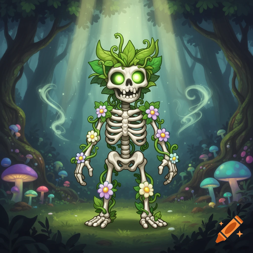 A cartoon fantasy plant skeleton monster with glowing green eyes ...