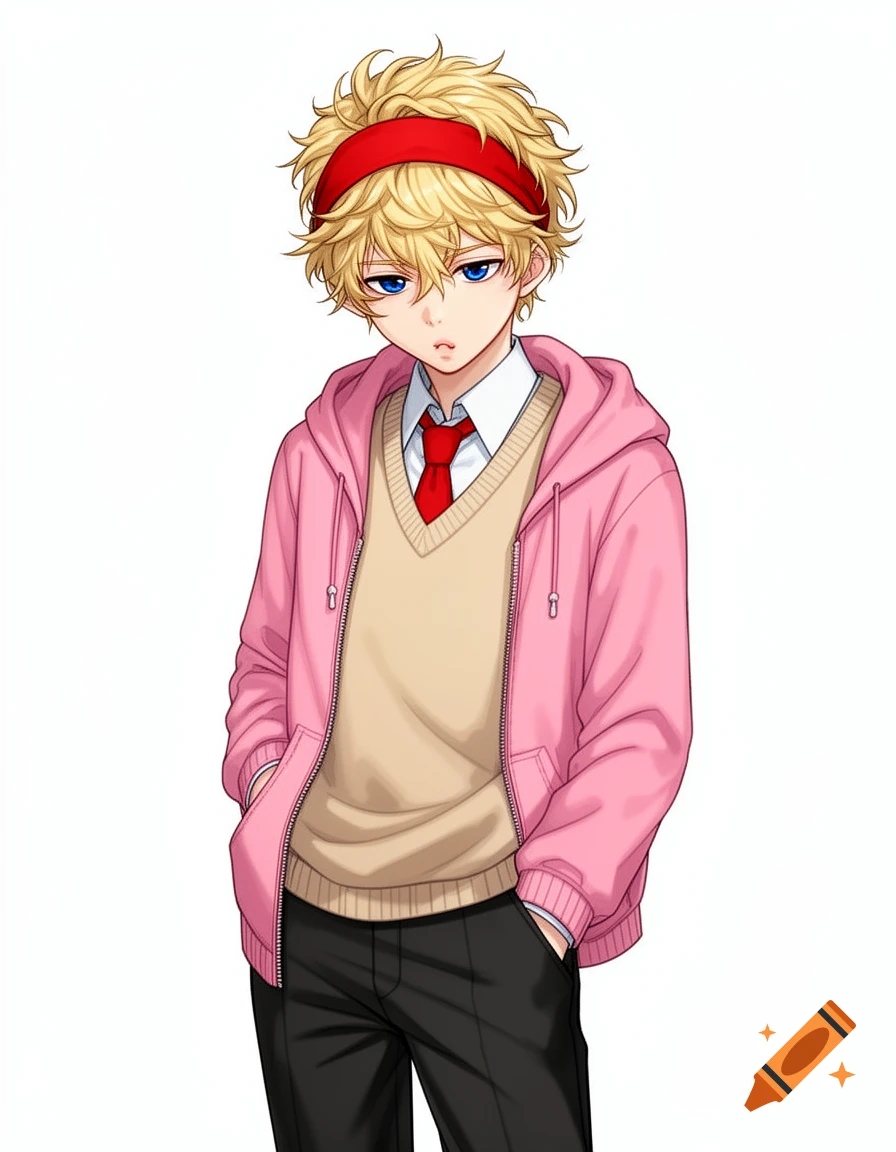 An anime boy with messy blond hair and a red headband, wearing a pink hoodie over a beige sweater vest, white shirt, and red tie, with a slight pout.
