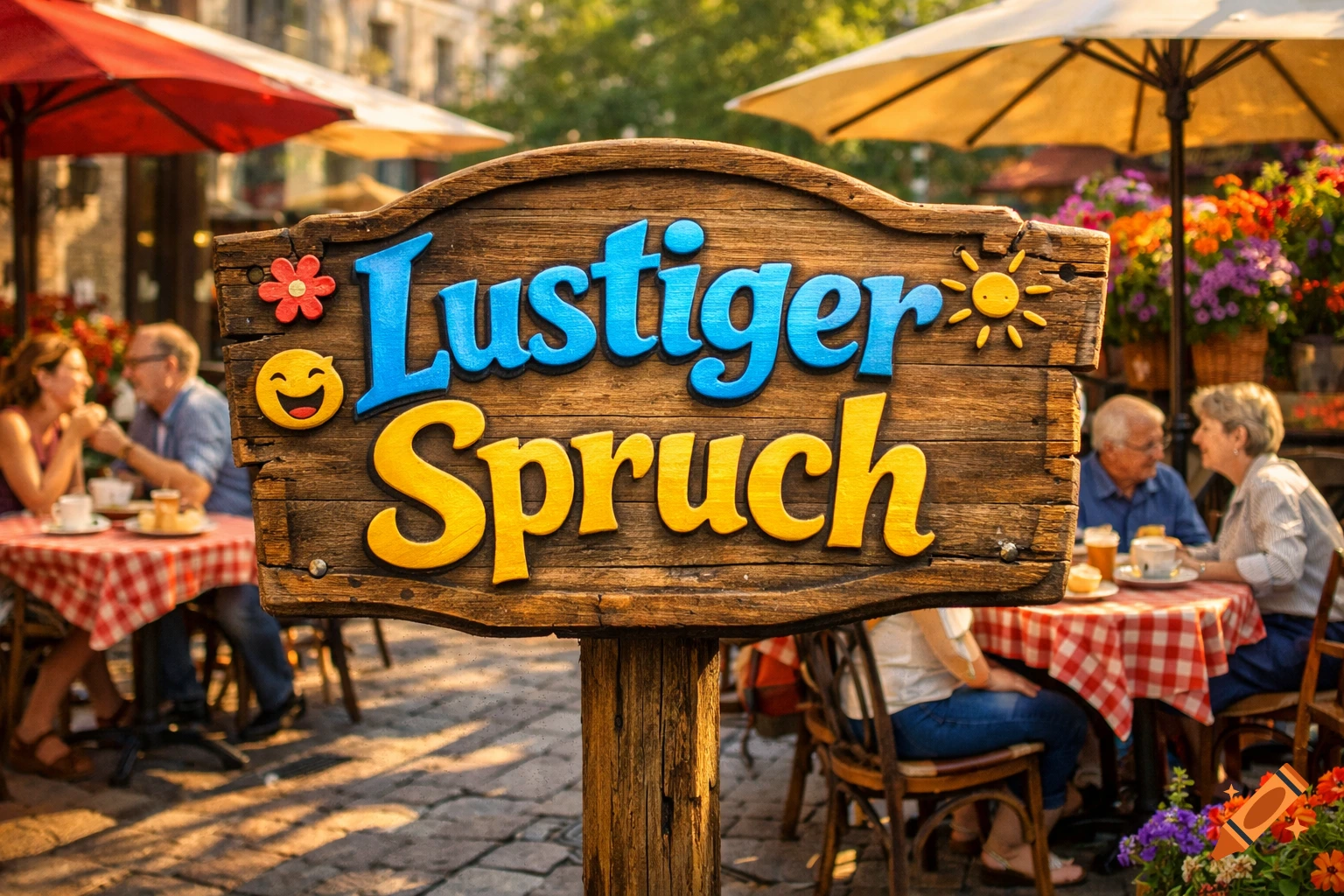 A wooden sign with "Lustiger Spruch" text, an emoji face, and a sun icon, in front of a blurry outdoor cafe scene with people.