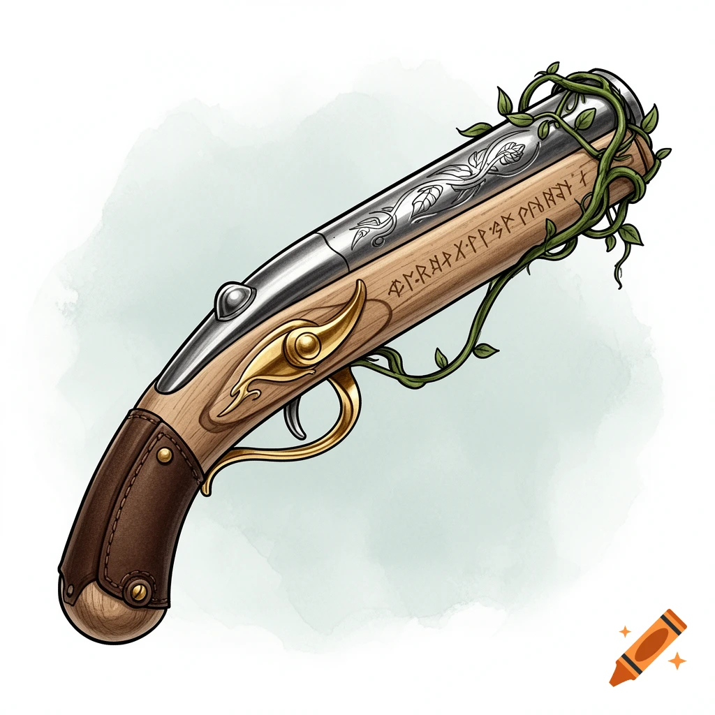 A stylized, fictional gun-like weapon made of wood and metal, adorned with golden details, silver leaf engravings, and green vines.