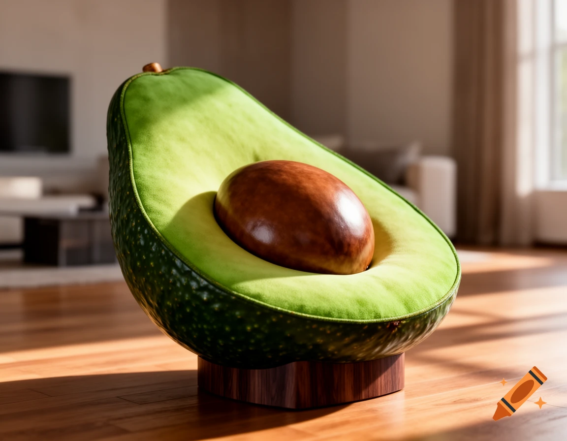Photorealistic avocado-shaped armchair with a brown pit cushion, sitting on a wooden base in a sunlit modern living room.