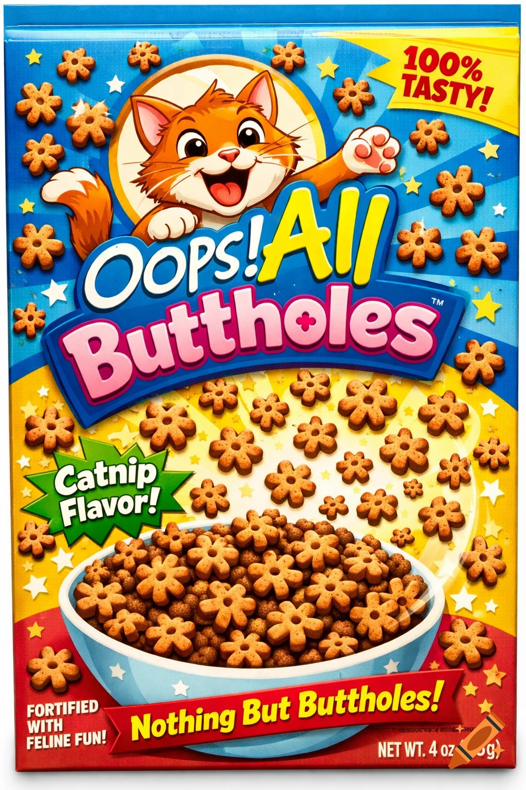 A colorful cereal box for 'Oops! All Buttholes' cat treats, featuring a smiling cartoon cat and asterisk-shaped kibble.