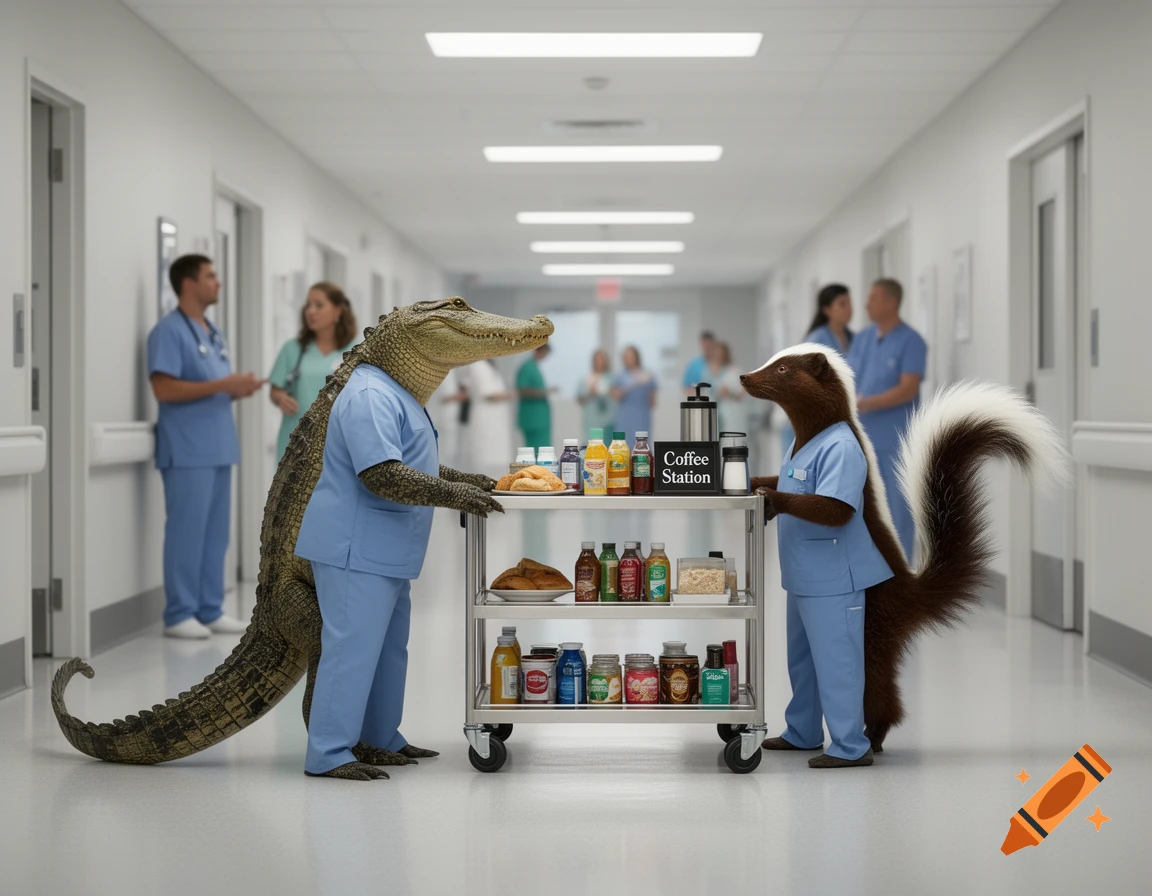 Photorealistic image of an alligator and a skunk in scrubs pushing a coffee cart in a hospital corridor.