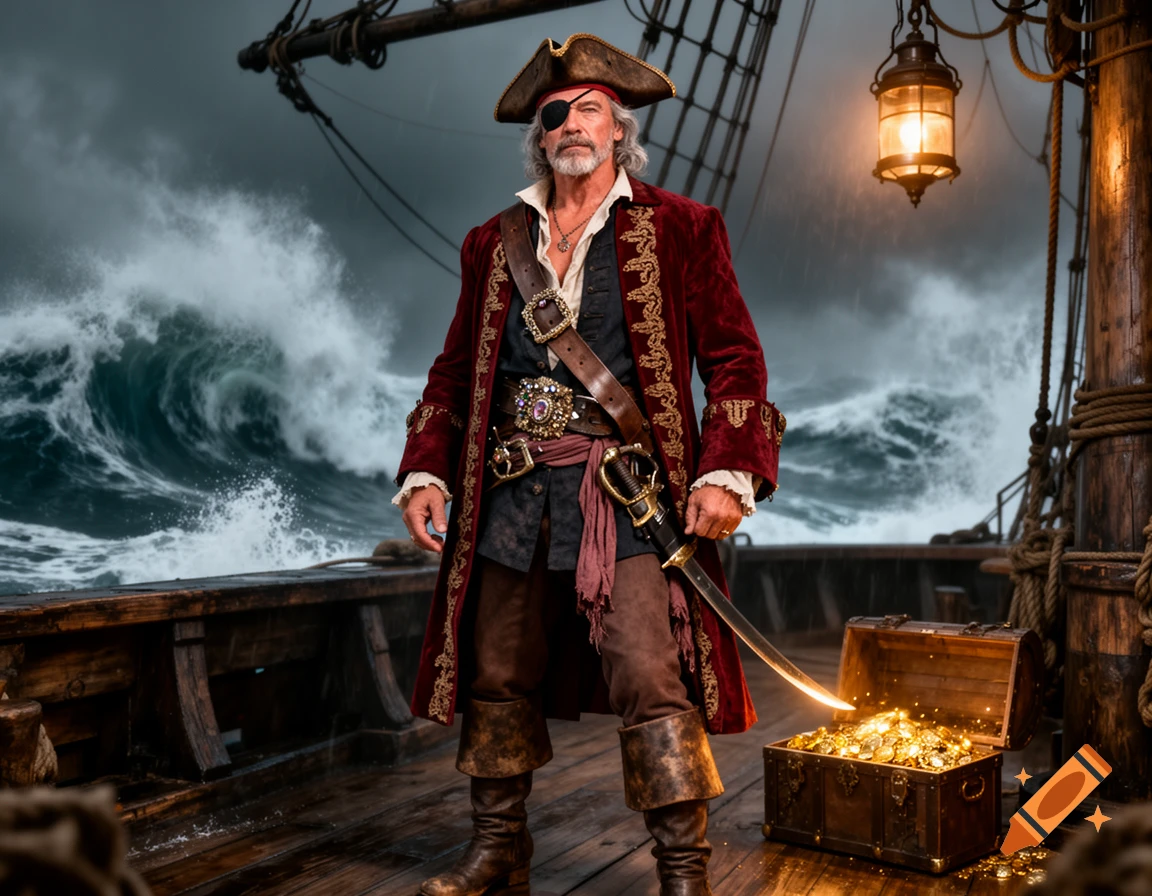 Photorealistic image of a rugged pirate with an eye patch and sword on a stormy ship deck next to an open treasure chest.