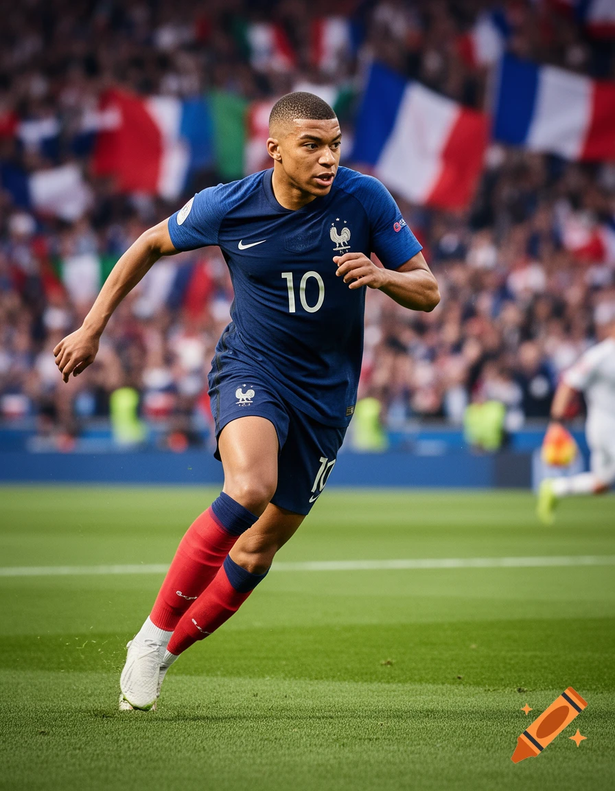 French soccer player Kylian Mbappe runs on a green field in a stadium with French flags.