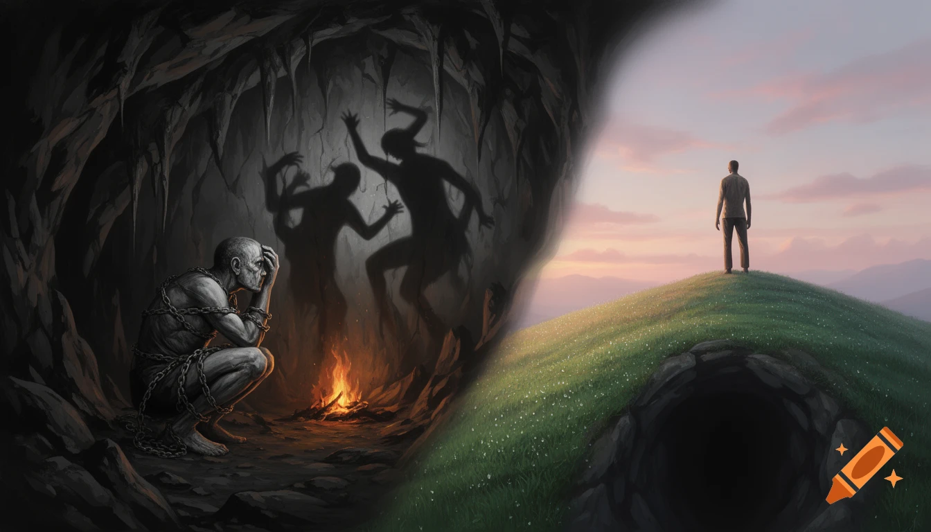 A chained man in a dark cave watching dancing shadows on the left, transitioning to another man on a bright grassy hilltop at sunset on the right.