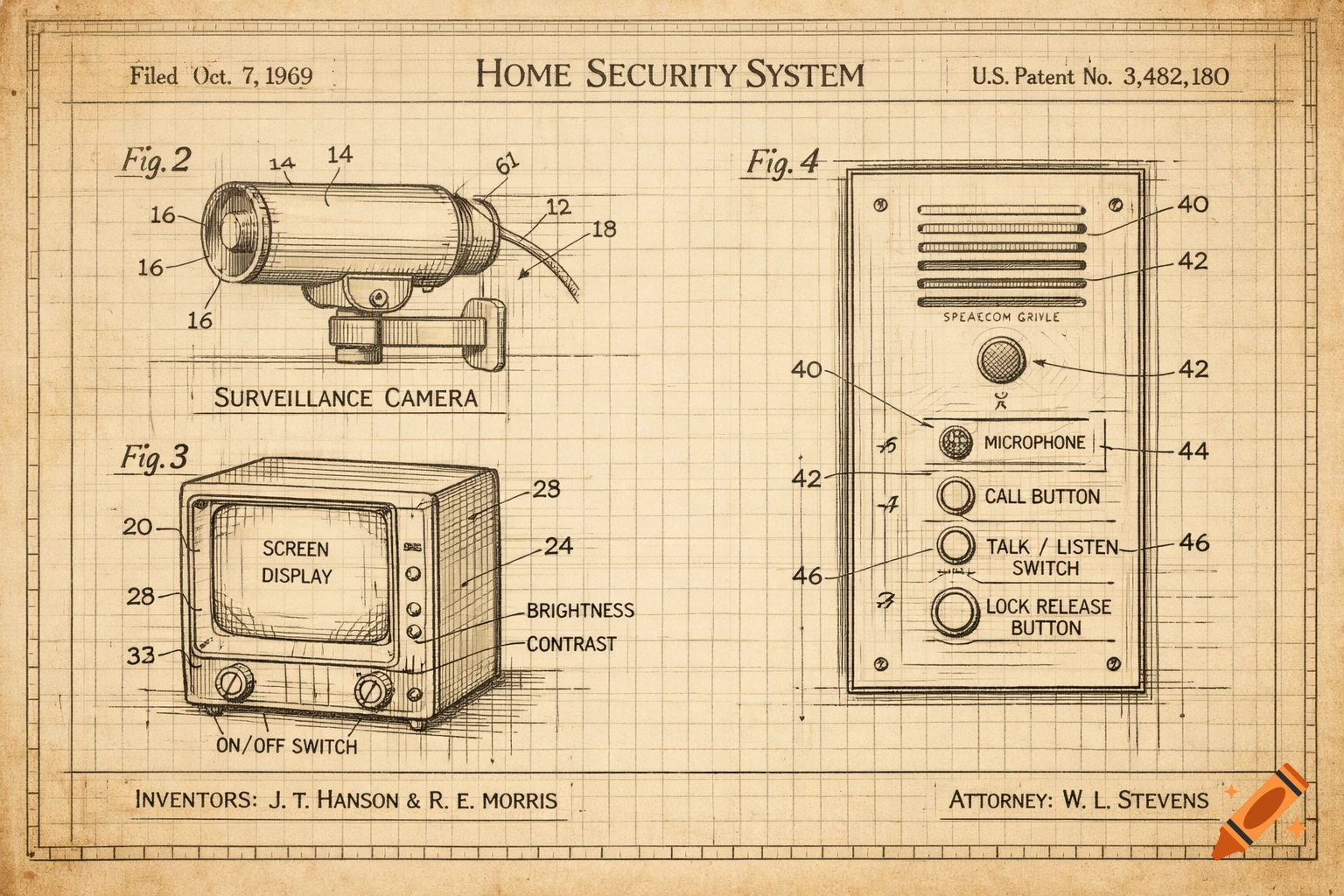 Vintage patent blueprint drawing of an early home security system featuring a surveillance camera, a screen display, and an intercom unit.