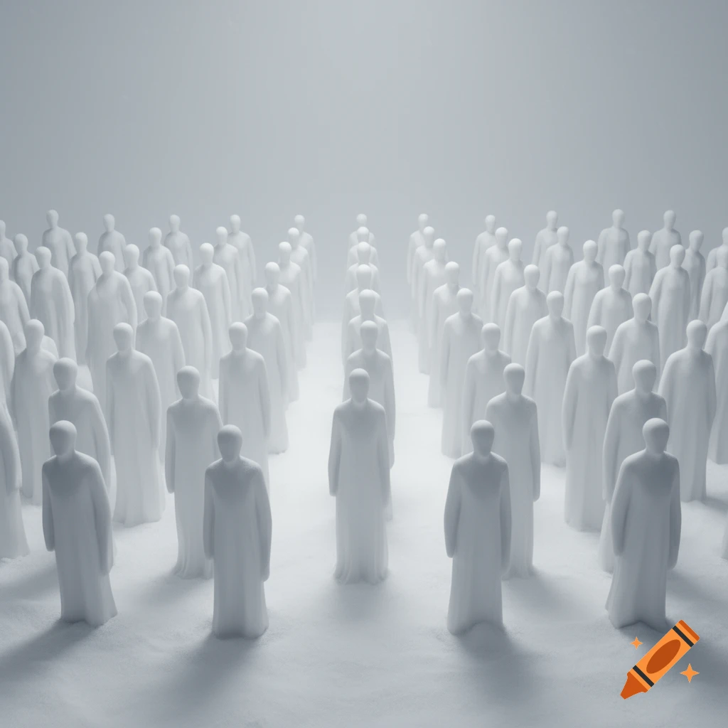 An army of minimalist, faceless white figures in long robes standing in rows on a hazy white surface, creating a stark, ethereal scene.