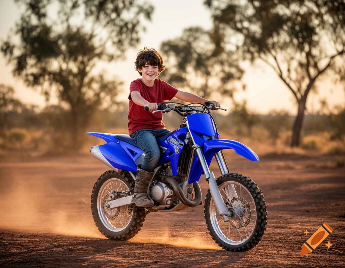 A smiling Australian boy with dark brown hair sits on a blue Yamaha dirtbike on a dusty path at sunset.