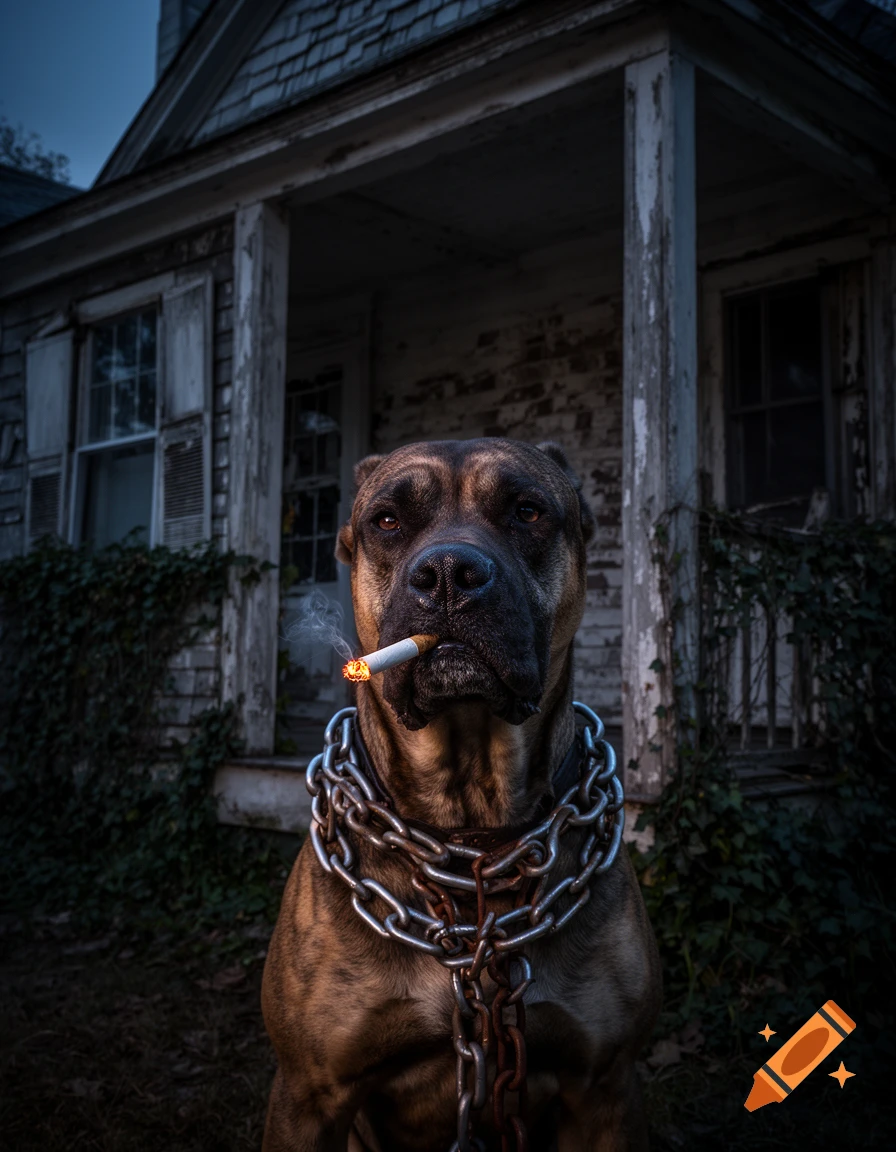 A powerful, photorealistic dog smokes a cigarette while wearing heavy chains in front of an old, eerie house at dusk.