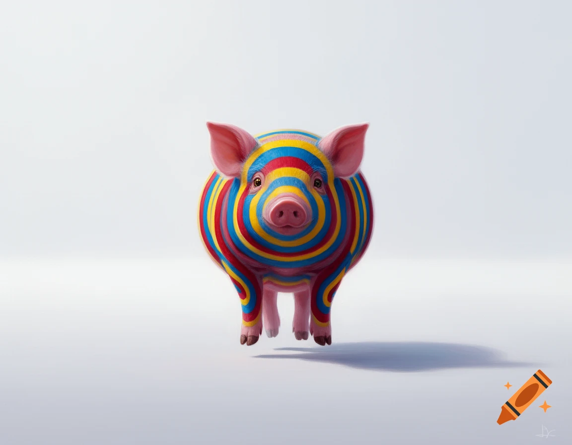 A vibrant pig with concentric red, blue, and yellow target-like stripes, floating on a white background.