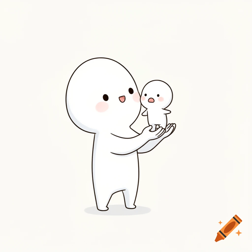A large, happy, white chibi character holds a smaller, afraid, white chibi character in a simplified drawing style.