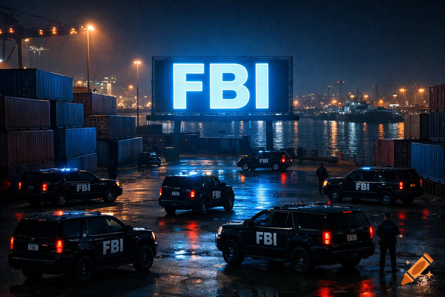Photorealistic image of several black FBI SUVs parked on a wet dock at night, with a large glowing FBI billboard overlooking the harbor.
