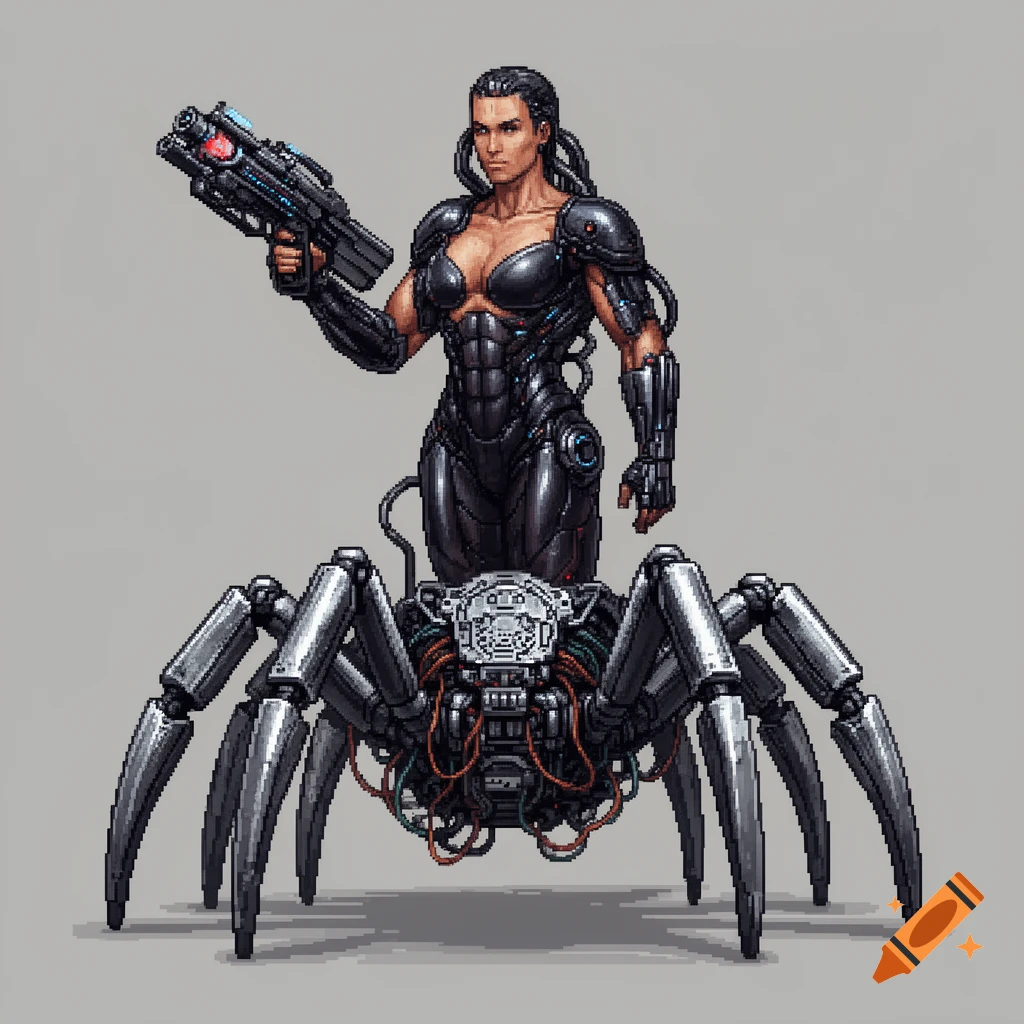 Pixel art of a female cyborg with a human torso, bionic arm holding a plasma rifle, and a mechanical spider lower body.