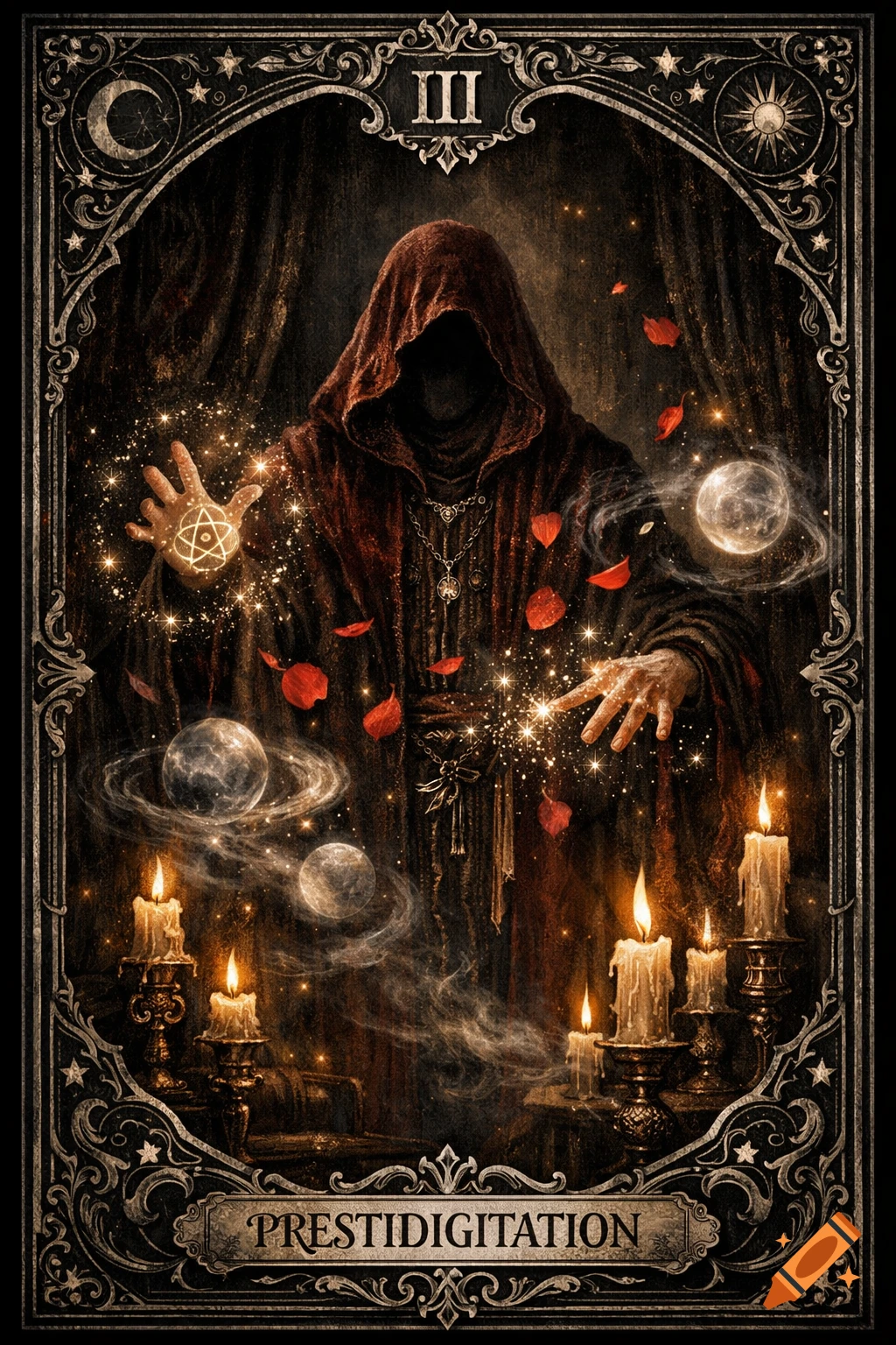 A dark gothic tarot card depicting a hooded spellcaster conjuring glowing magic, floating orbs, and petals amidst candles, with "III" and "PRESTIDIGITATION" text.