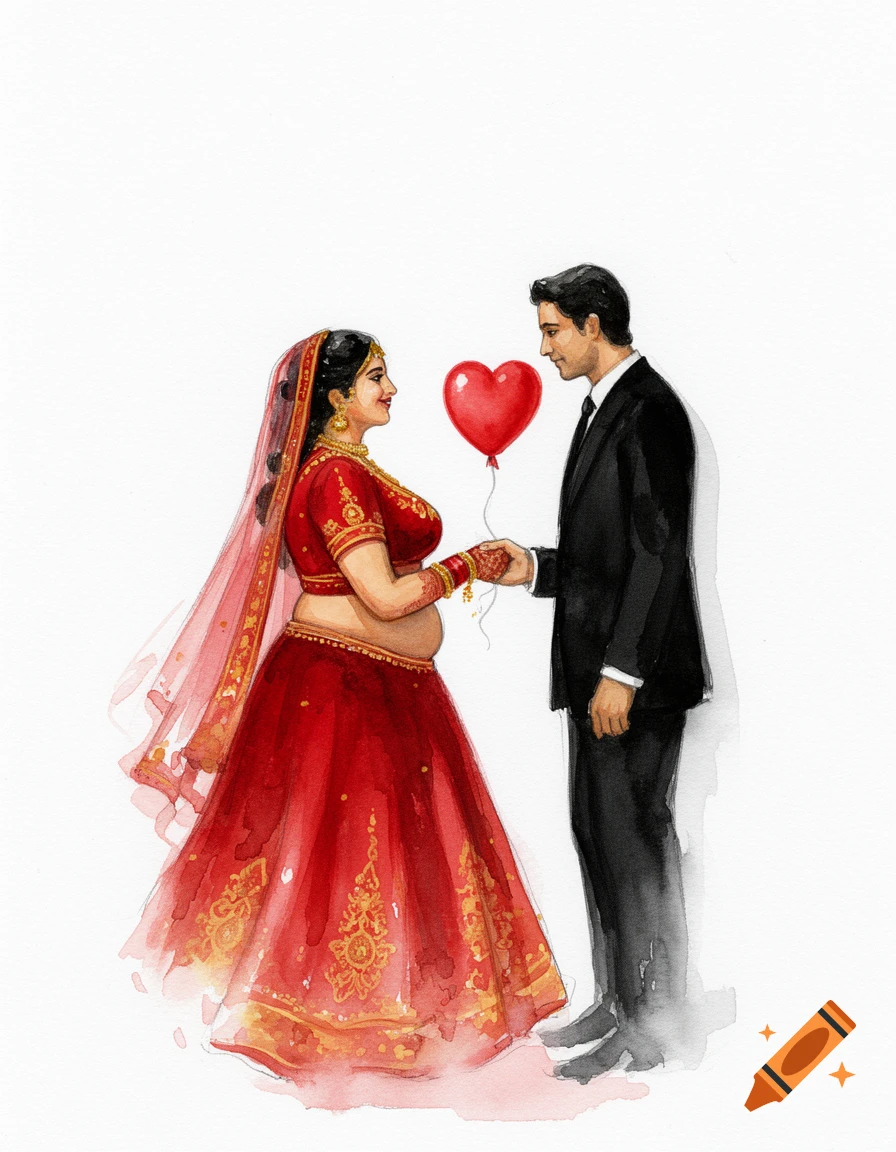 Watercolor painting of an Indian bride in red and gold and a man in a suit holding hands, with a red heart balloon.