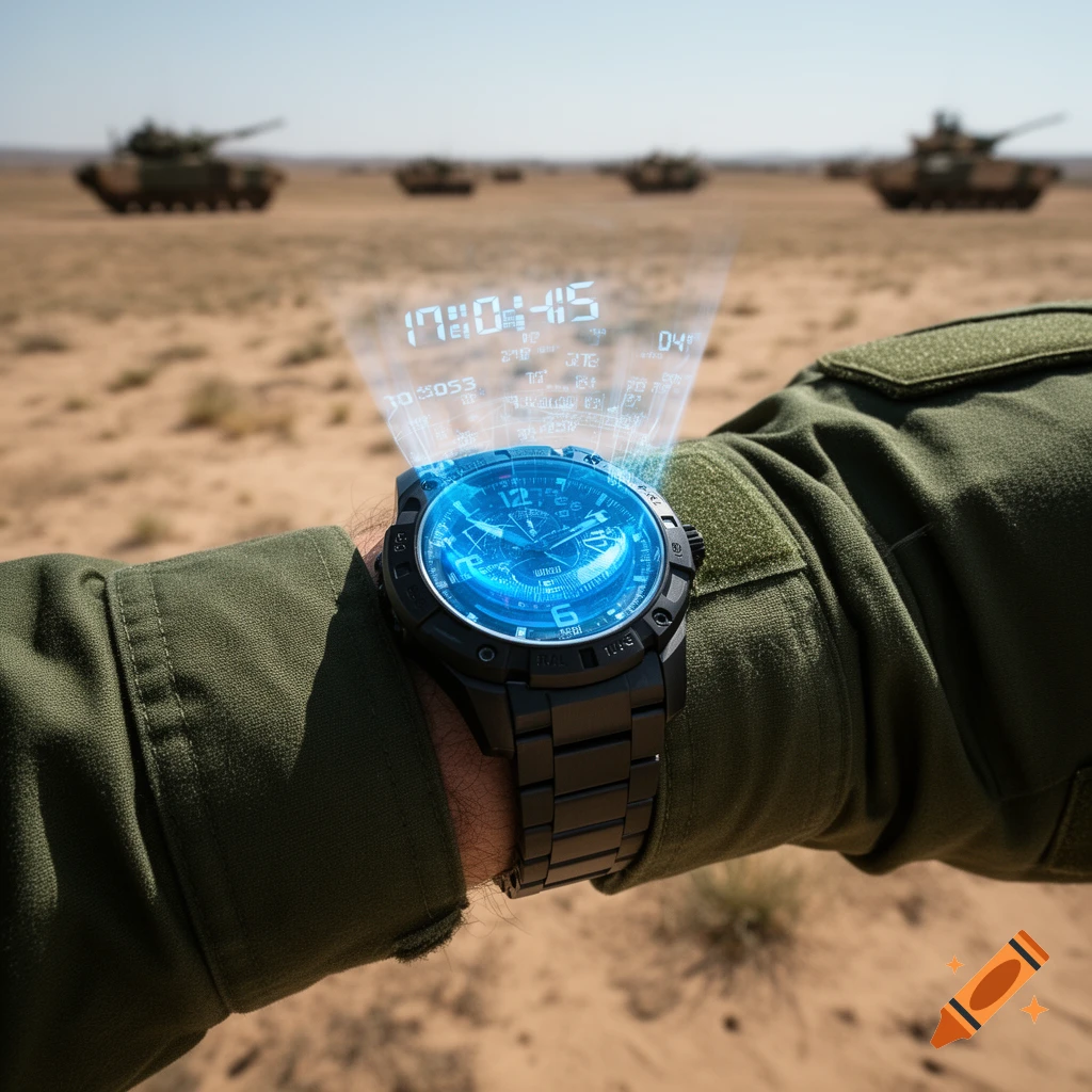 Close-up of a person's arm wearing a futuristic black smartwatch with a blue holographic display in a desert with tanks.