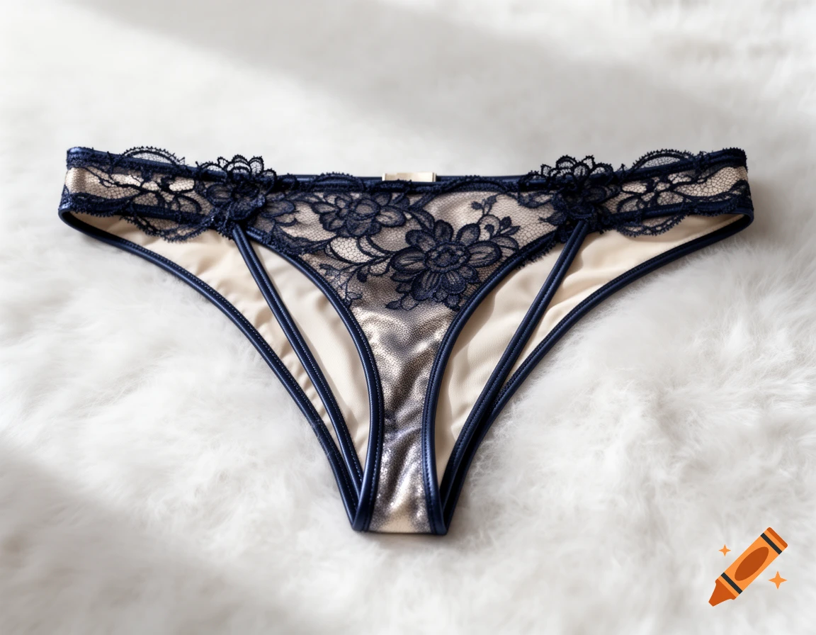 Dark blue lace and satin thong underwear with thin straps, laid on a white fluffy surface.