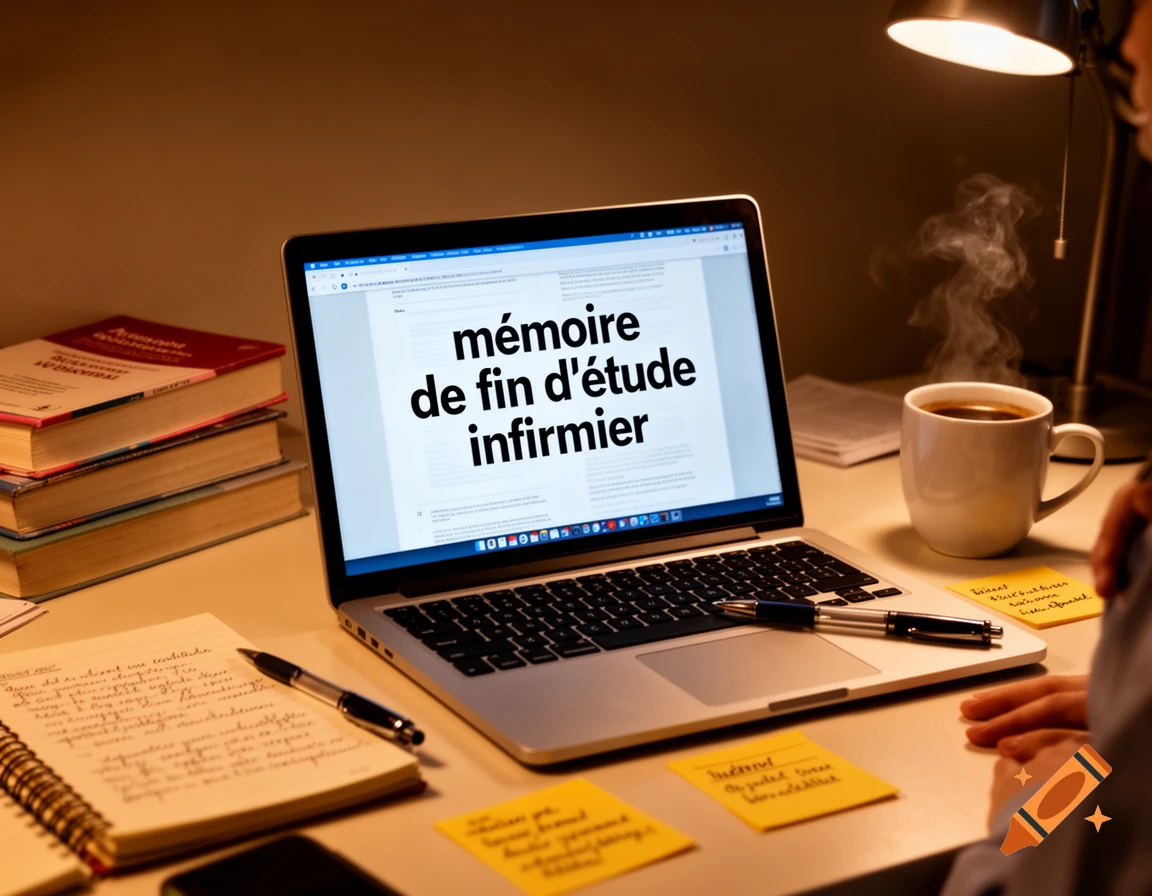 A person views a laptop displaying 'mémoire de fin d'étude infirmier', with a steaming coffee cup, books, and a notebook on a desk under a warm lamp.