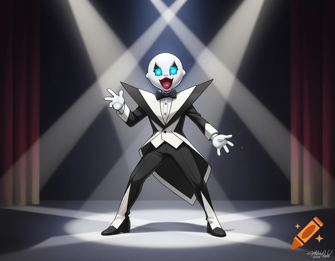 A cartoon Mr. Mime Pokemon in a black and white tuxedo with sharp shoulders and a bow tie, posing on a spotlighted stage.