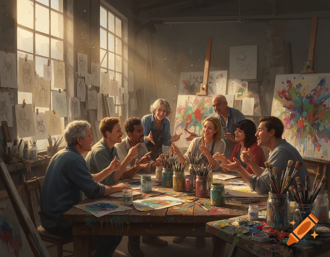 A diverse group of adults happily paint and discuss around a large wooden table in a sunlit art studio, surrounded by canvases and sketches.