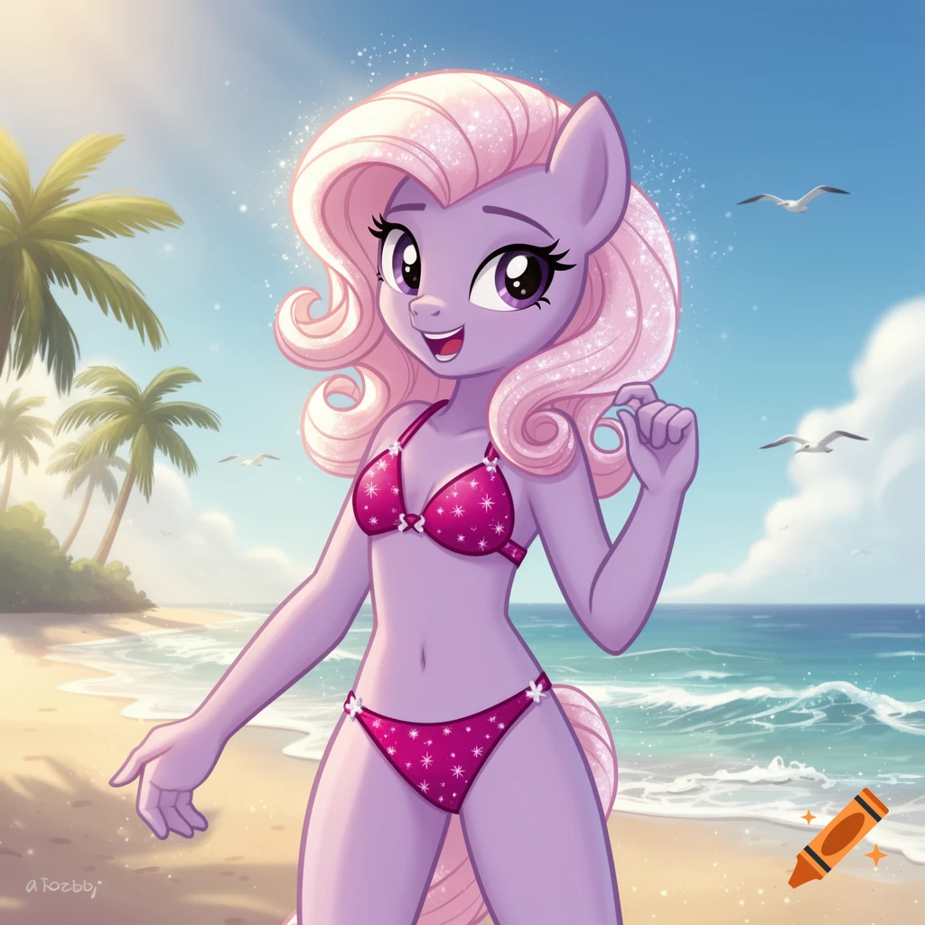A purple My Little Pony character with sparkly pink hair wears a pink bikini on a sunny beach with palm trees and seagulls.