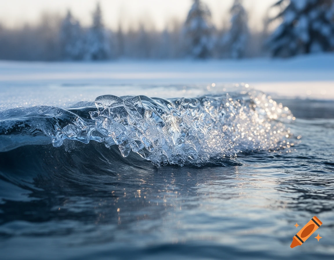 A close-up of a freezing wave turning into ice with sparkling water droplets, set against a blurred snowy winter landscape.