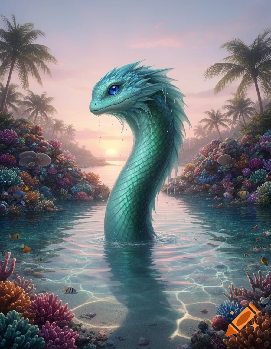 A majestic turquoise dragon-like creature with blue eyes emerges from calm tropical waters, surrounded by vibrant coral reefs and palm trees under a sunset sky.