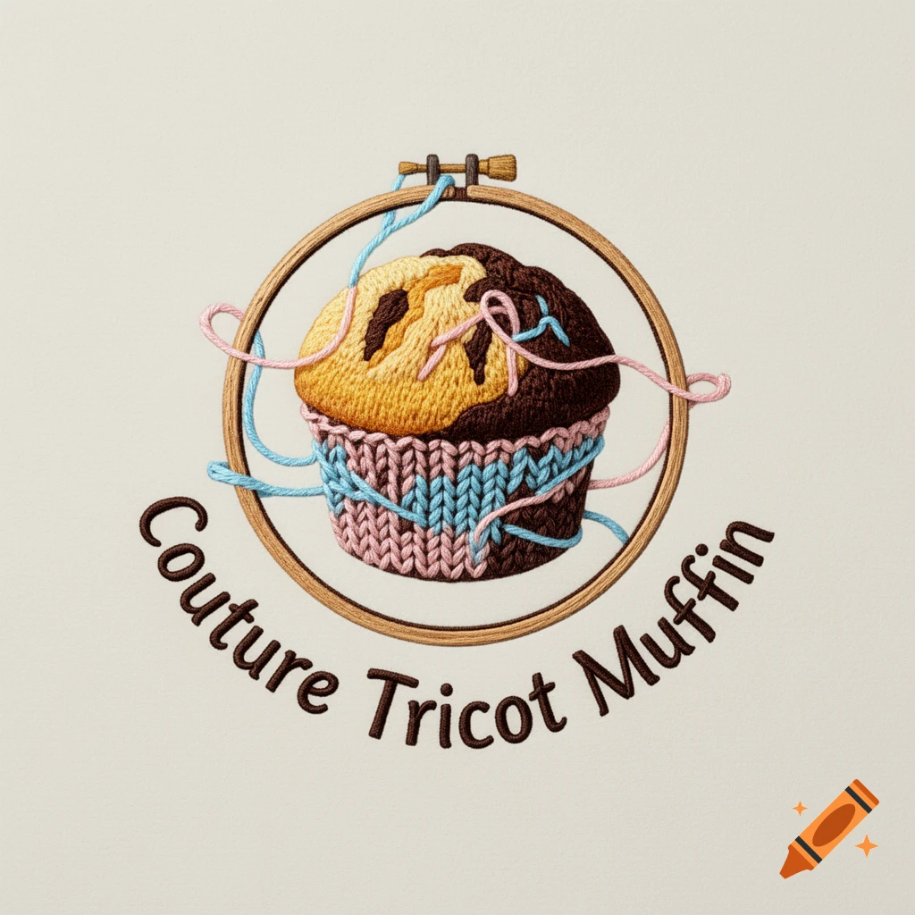 An embroidered logo featuring a muffin in a wooden hoop, with pink and blue yarn, and the text "Couture Tricot Muffin" in brown.