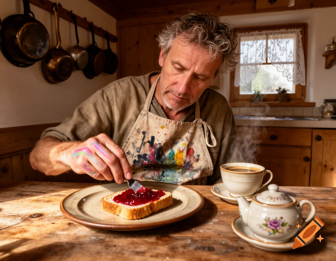 A man in a paint-splattered apron spreads jam on toast at a wooden table in a rustic kitchen, with coffee nearby.
