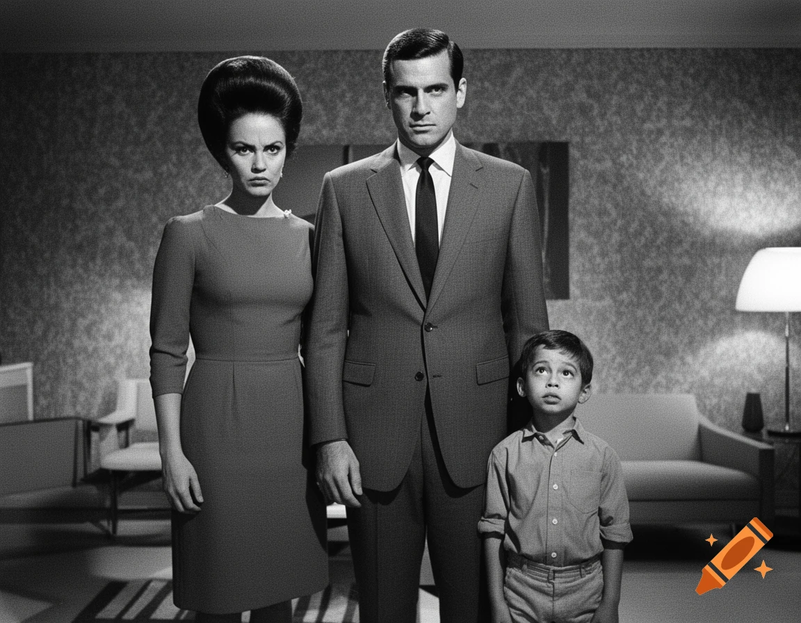 Black and white photograph of a stern 1960s family portrait: a man, a woman with a beehive, and a young boy, standing formally.