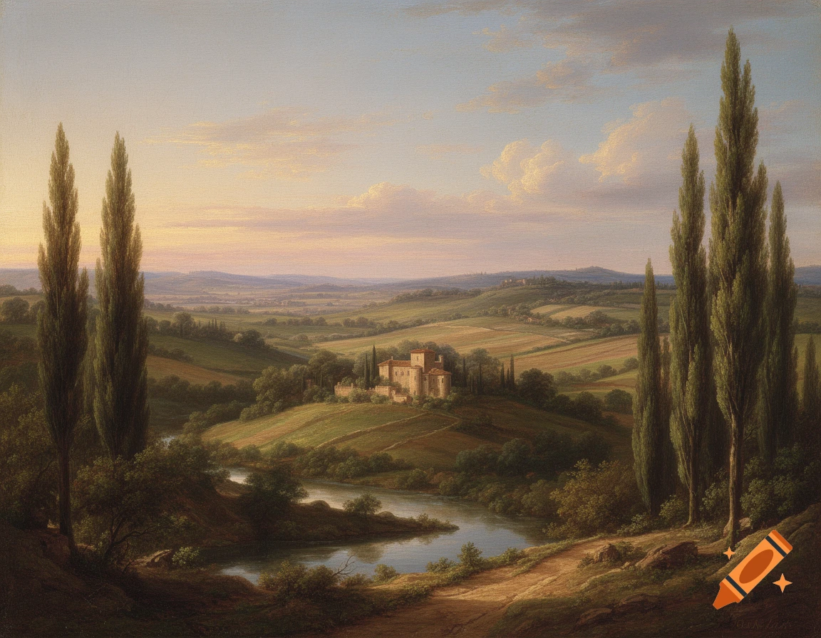 A classical painting depicts a serene green landscape with a distant castle on a hill, tall cypress trees, and a winding river under a soft sky.