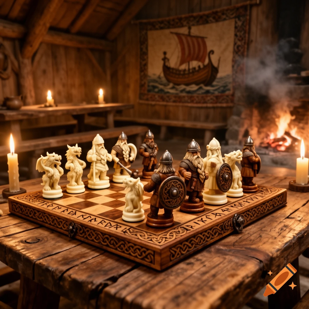 A photorealistic Viking-themed chess set on a rustic wooden table, illuminated by candles and a fireplace in the background.