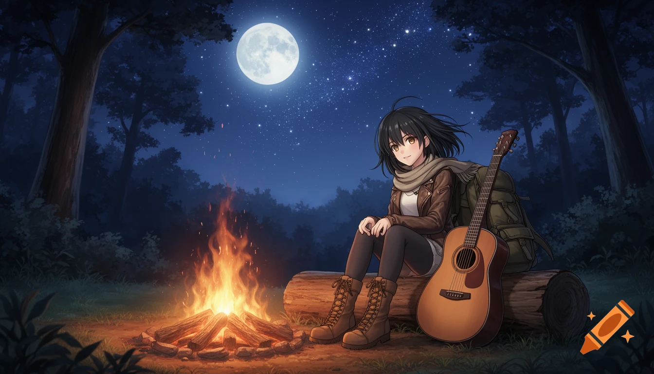 An anime girl with dark hair sits by a campfire on a log, a guitar and backpack beside her, under a starry night sky with a full moon in a forest.