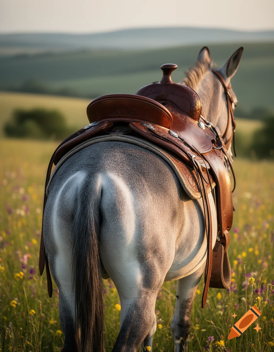 Rear view of a saddled donkey standing in a sunlit field of wildflowers with rolling hills in the background, photorealistic.