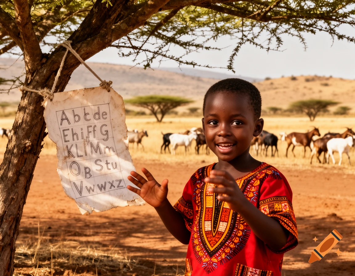 A smiling African child in a red patterned shirt stands next to a tree with an alphabet chart, with goats in a dry savanna behind.