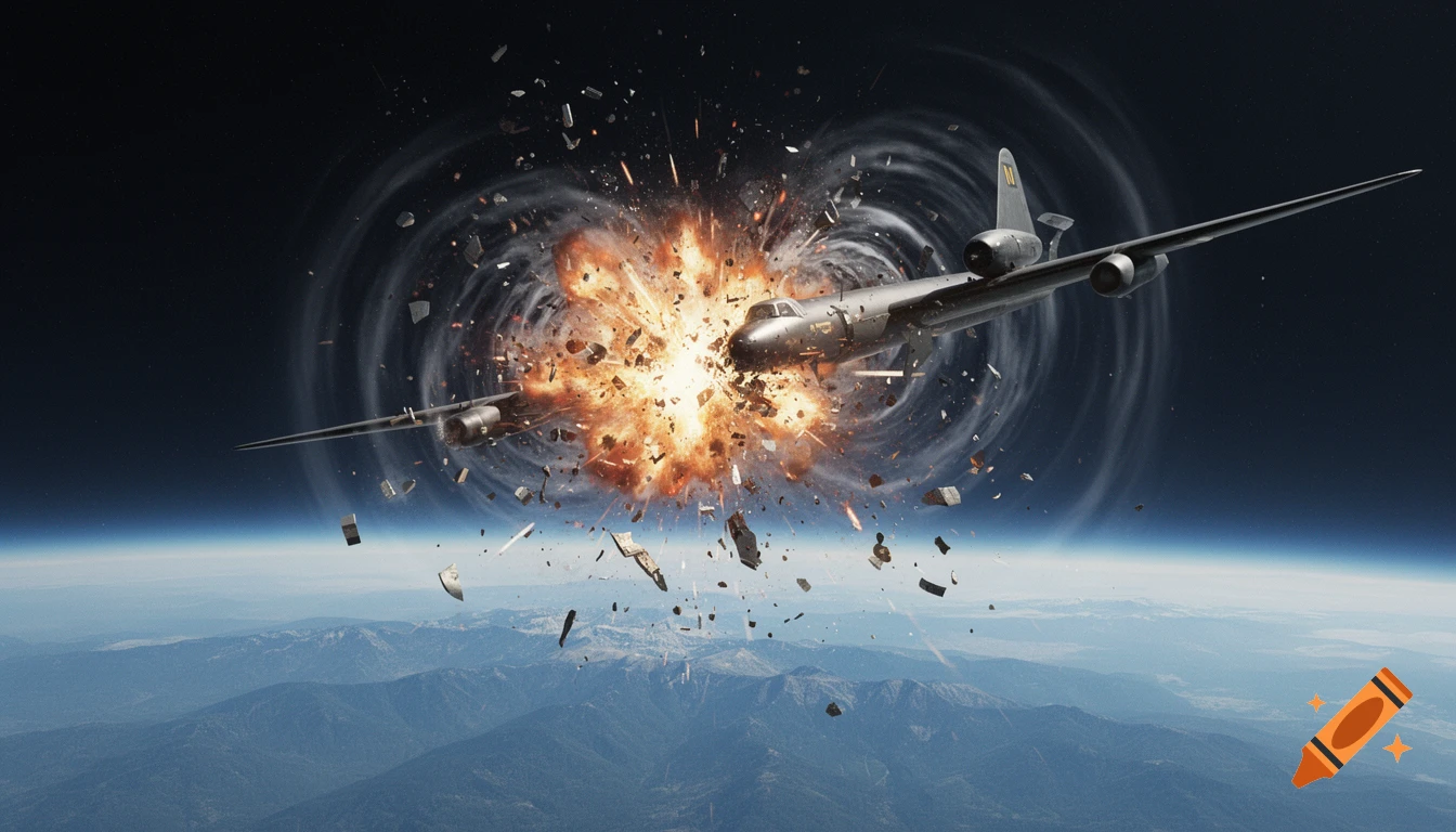 Ultra-realistic cinematic scene of a U-2 spy plane exploding high above Earth, with metal fragments and a shockwave visible.