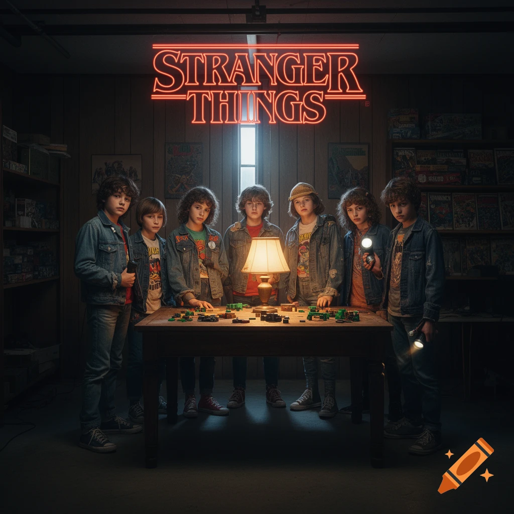 Kids dressed as Stranger Things characters stand around a game table under a glowing 'STRANGER THINGS' neon sign in a dark room.