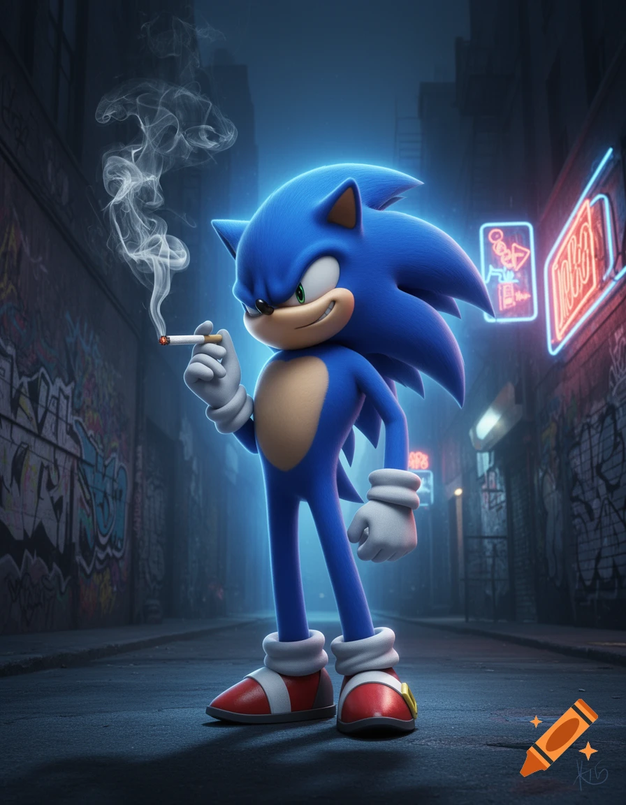 Sonic the Hedgehog smokes a cigarette in a dark, graffiti-covered alley illuminated by neon lights.