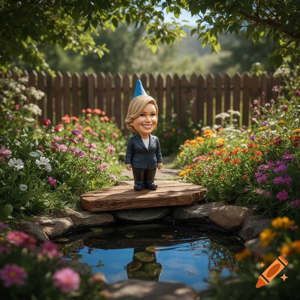 A garden gnome with the face of Kristi Noem stands on a wooden plank over a pond in a lush, colorful garden.