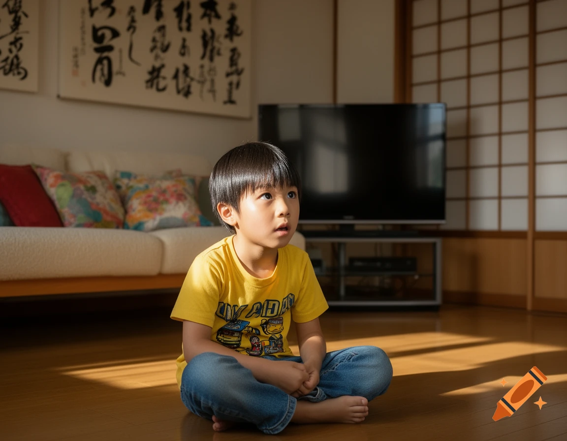 A young Japanese boy in a yellow shirt and jeans sits on the floor, looking up at a TV in a sunlit living room.